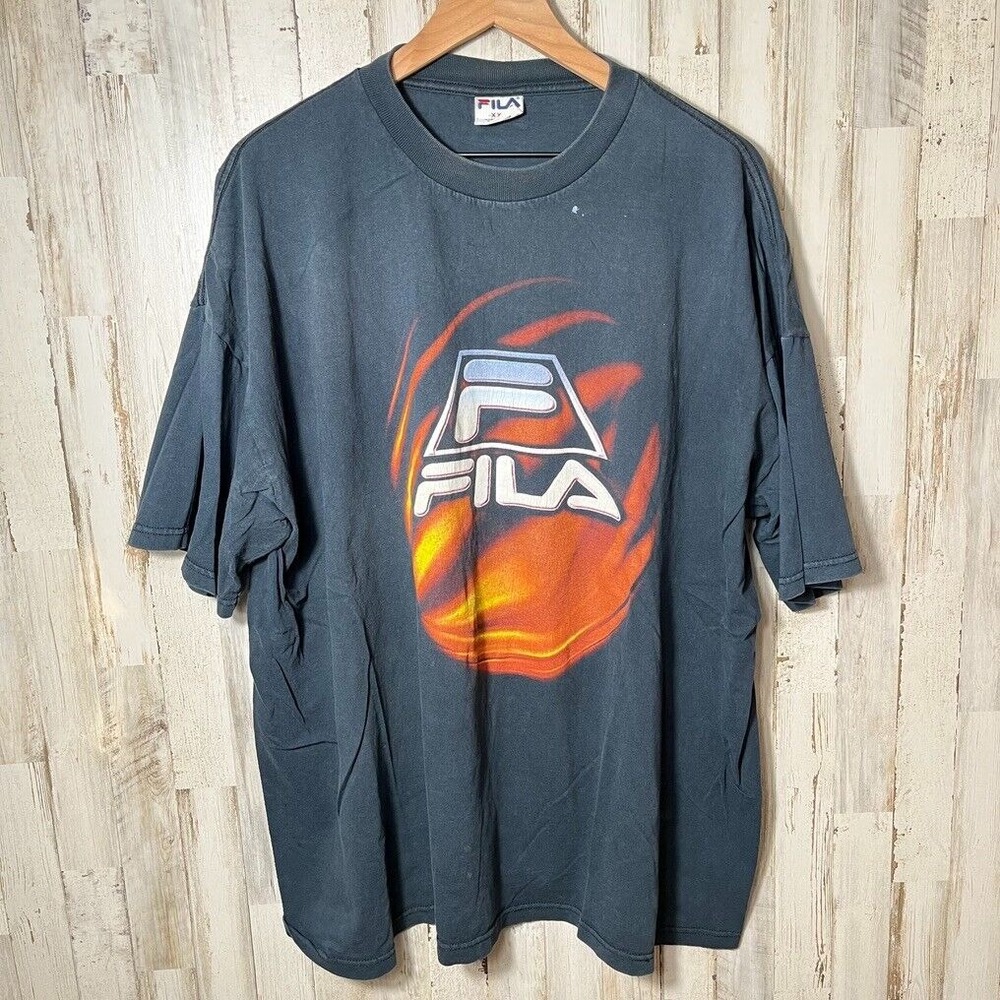 Vintage FILA Spell Out Black Faded T Shirt Made In‎ USA Mens Size 2XL
